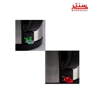 تصویری از کلید روشن و خاموش یک کتری برقی با چراغ‌های نشانگر سبز و قرمز.